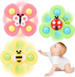 Suction Cup Spinner Toy for Baby, 3PCS Spinner Sensory Toys for Toddlers 1-3 Cartoon Baby Bath Toys 6 to 12 Months Kids Birthday Gift for Baby High Chair/Bathing/Dining Table/Travelling (Colorful)